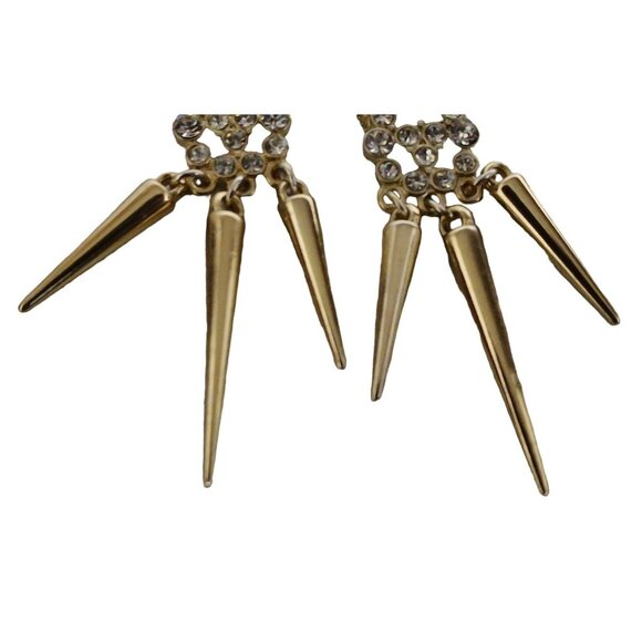 Dangle Earrings Gold Tone Metal Rhinestones Spiky Drop Chandelier Style 3.5" L - Picture 5 of 8